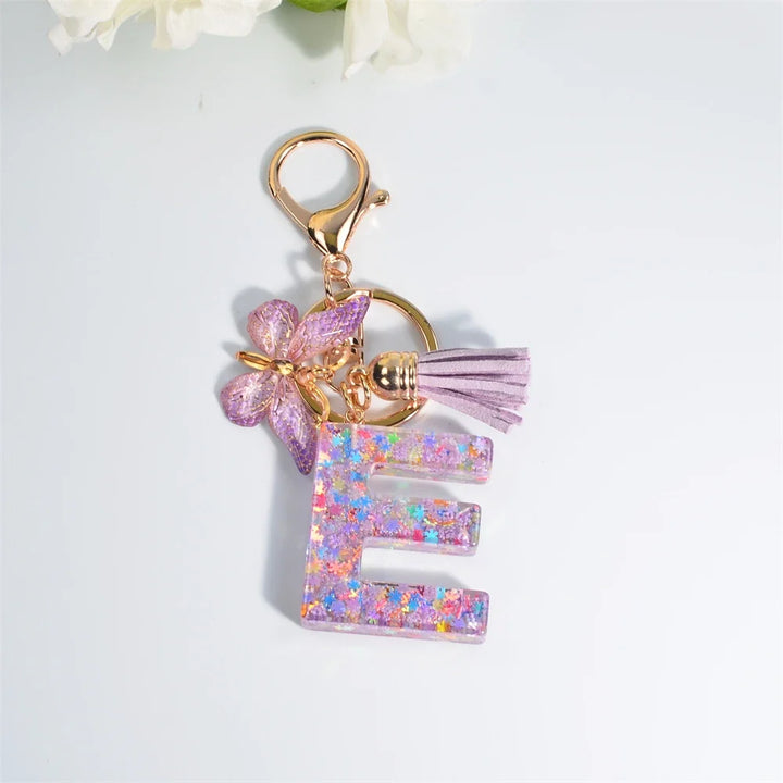 Sequin Letter Keychain With Butterfly Tassel Charm