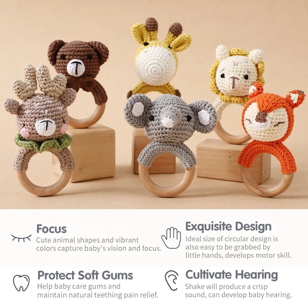 Wooden Crochet Animal Teether Rattle Newborn Sensory Toys