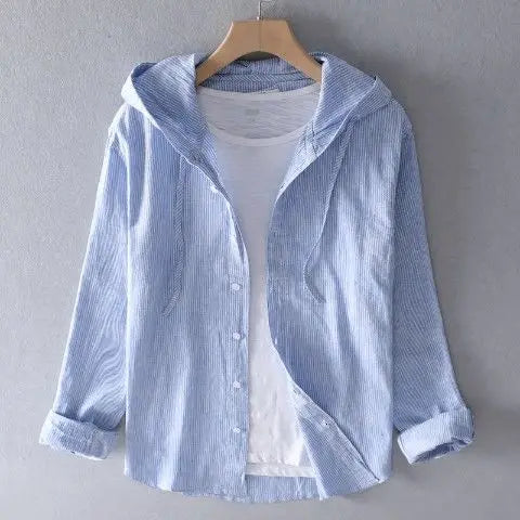 Spring Summer Solid Color Hooded Cotton Hemp Shirt Man Casual Cardigan