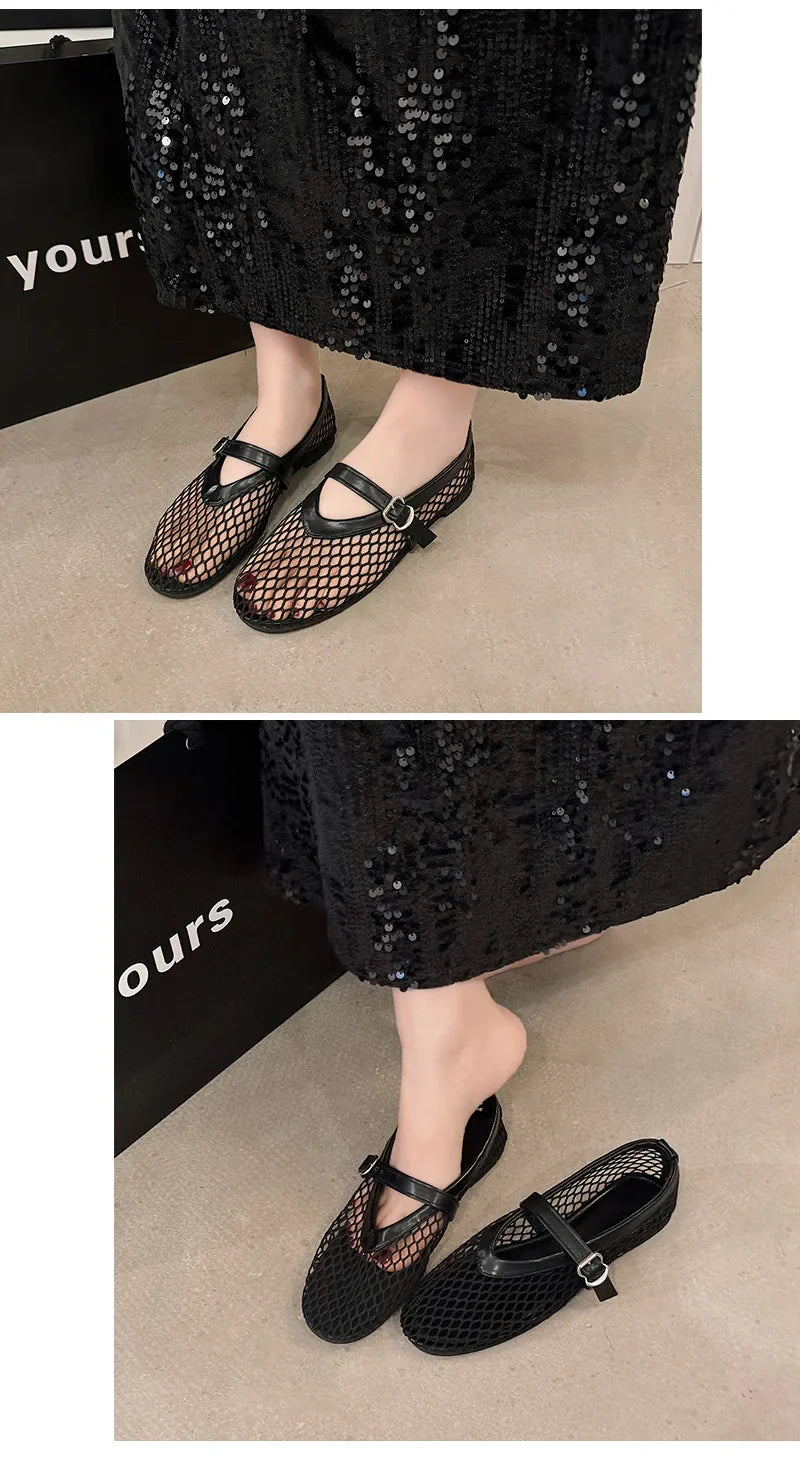 Breathable Women Mesh Ballet Flats - Strappy Round Toe