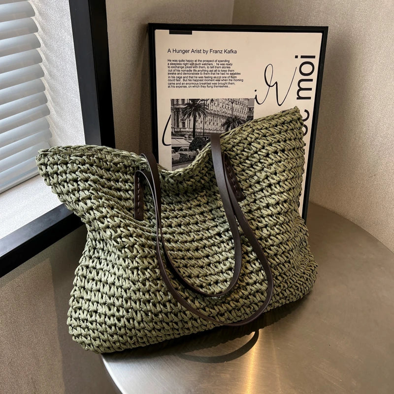 Straw Tote Bag Woven Beach Shoulder Bag Summer 2026 Large Capacity Carryall For Travel And Daily Use