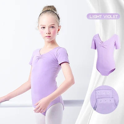 Soft girls ballet leotard - drawstring neckline, ruched front, cotton knit, for dance class
