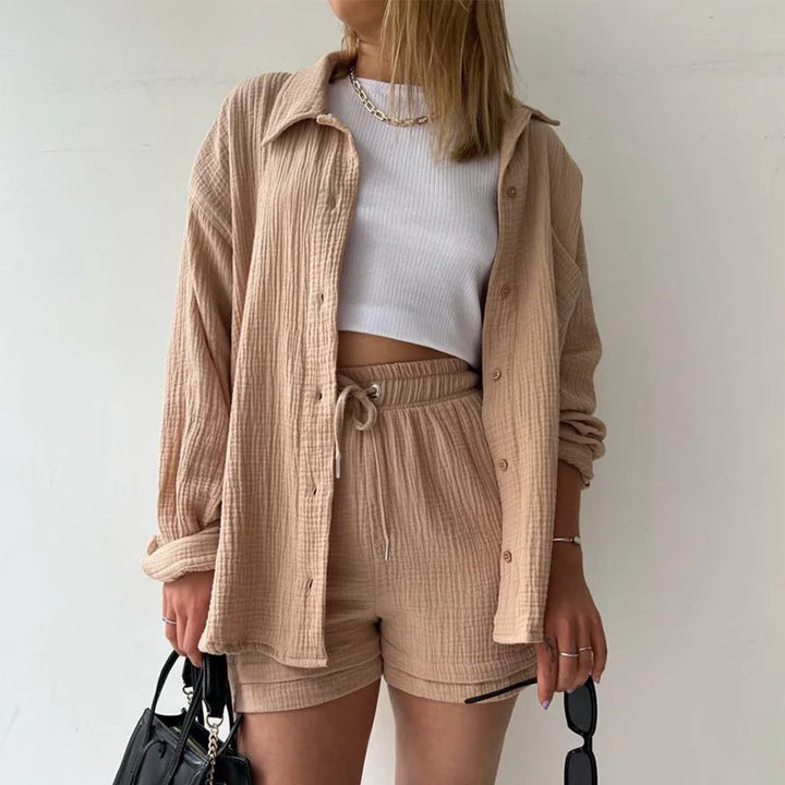 Women Two-Piece Set Orange Wrinkled Lapel Shirt &amp; High-Waisted Shorts Fashion Suit