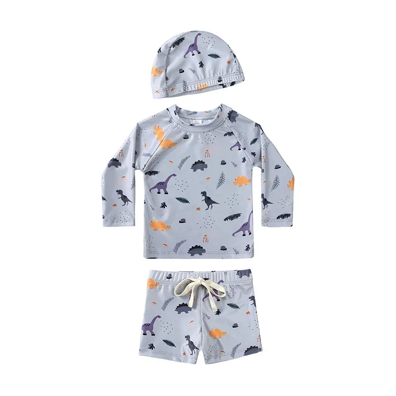 Breathable Kids Rash Guard Swim Set – Long-Sleeve Top, Swim Trousers, Hat, Polyester Elastane, Beach Vacation