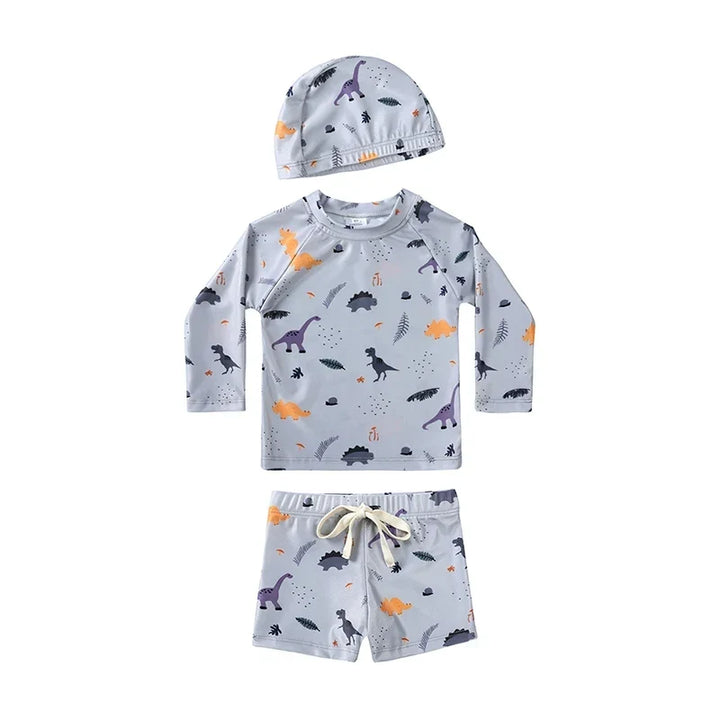 Breathable Kids Rash Guard Swim Set – Long-Sleeve Top, Swim Trousers, Hat, Polyester Elastane, Beach Vacation