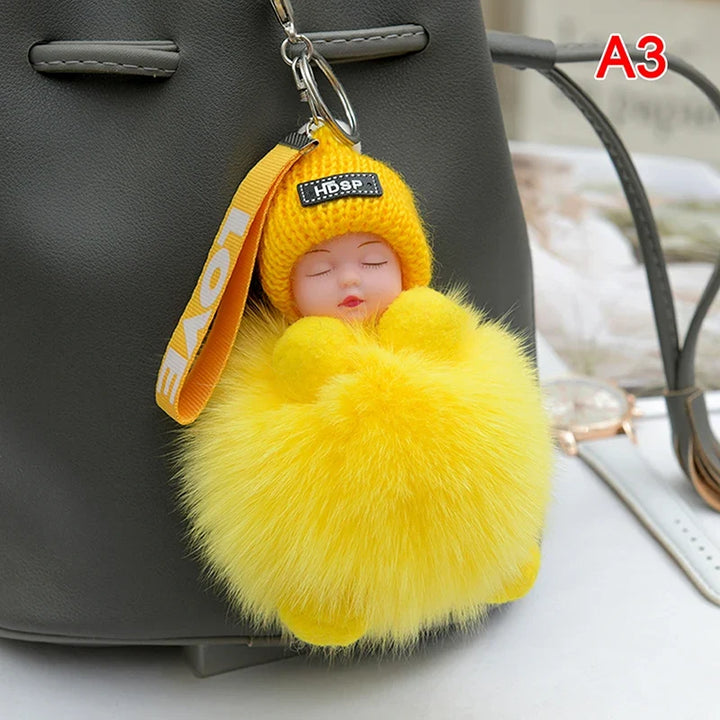 Pompom Sleeping Baby Keychain Plush Bag Charm Cute Gift