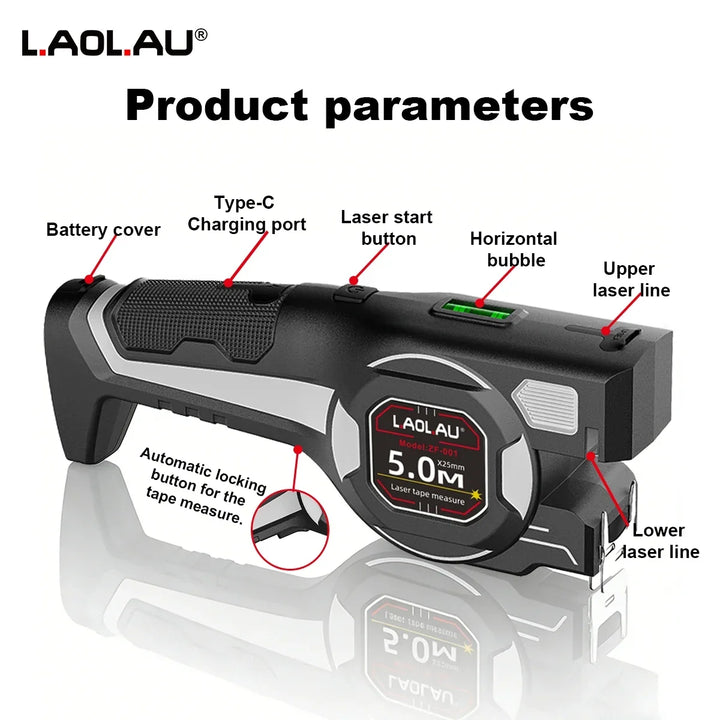 LAOLAU 2-in-1 Laser Tape Measure 5M/16FT – Type-C Rechargeable Class II Laser Auto-Lock Tool 2026