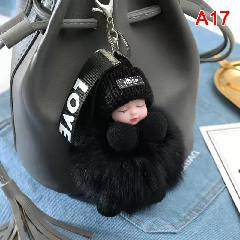 Pompom Sleeping Baby Keychain Plush Bag Charm Cute Gift