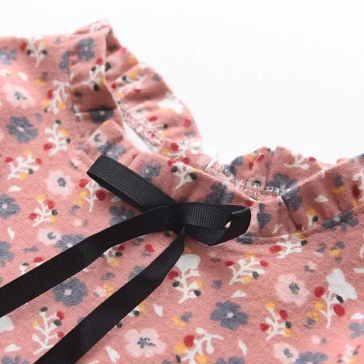 Soft Girls Dress - Long-Sleeve Knee-Length Floral Print, Cotton, For Casual Wear