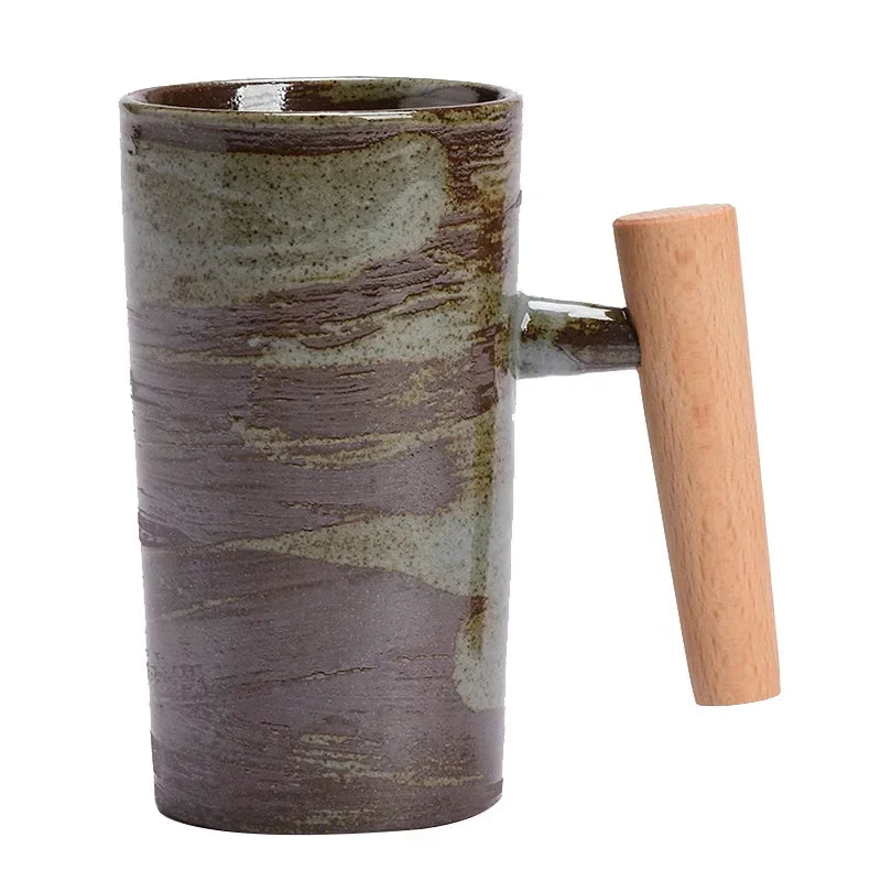 Japanese Style Stoneware Coffee Cup - Handmade Mug with Wooden Handle for Couples