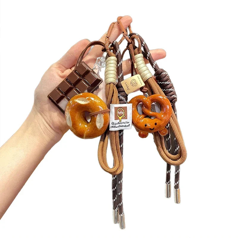 Woven Rope Bowknot Keychain With Cute Pastry Charms
