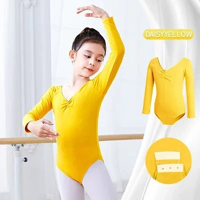 Breathable girls long sleeve ballet leotard - twist-front, cotton, for dance class