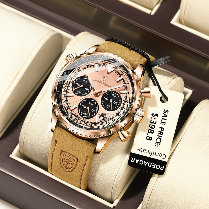 Quartz Chronograph Watch Waterproof Luminous Date Leather