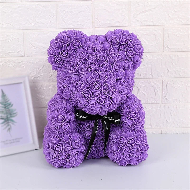 Faux Rose Teddy Bear with Gift Box and Lights - Romantic Anniversary or Valentine&