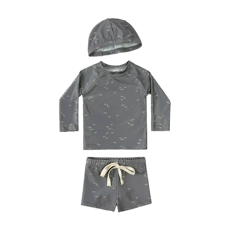 Breathable Kids Rash Guard Swim Set – Long-Sleeve Top, Swim Trousers, Hat, Polyester Elastane, Beach Vacation