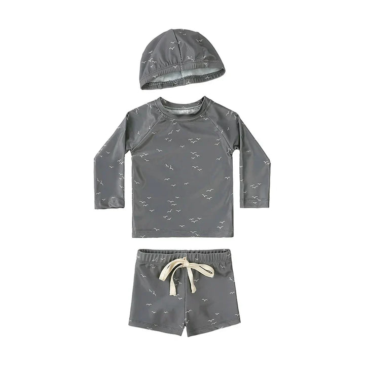 Breathable Kids Rash Guard Swim Set – Long-Sleeve Top, Swim Trousers, Hat, Polyester Elastane, Beach Vacation