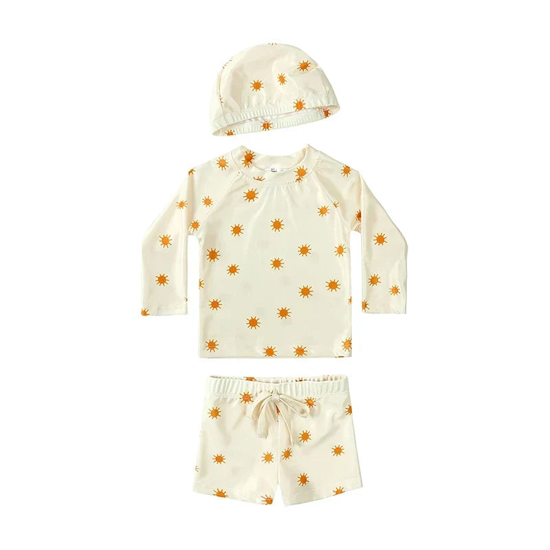 Quick-dry Unisex Baby Swimwear 2-Piece Set – Long-Sleeve Rash Guard Top, Shorts, Polyester, Summer Beachwear