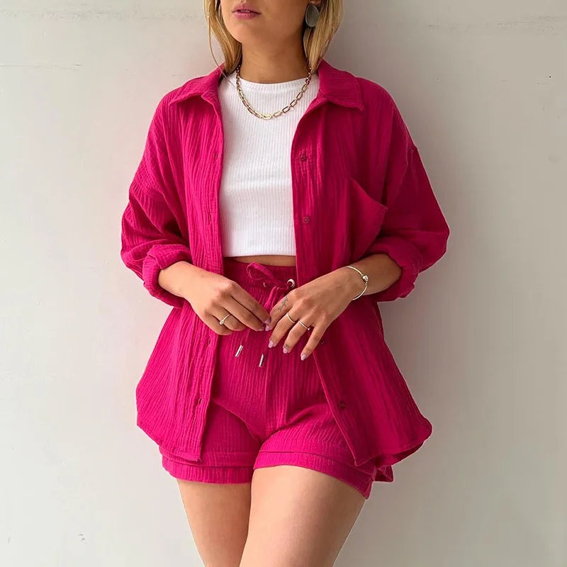 Women Two-Piece Set Orange Wrinkled Lapel Shirt &amp; High-Waisted Shorts Fashion Suit