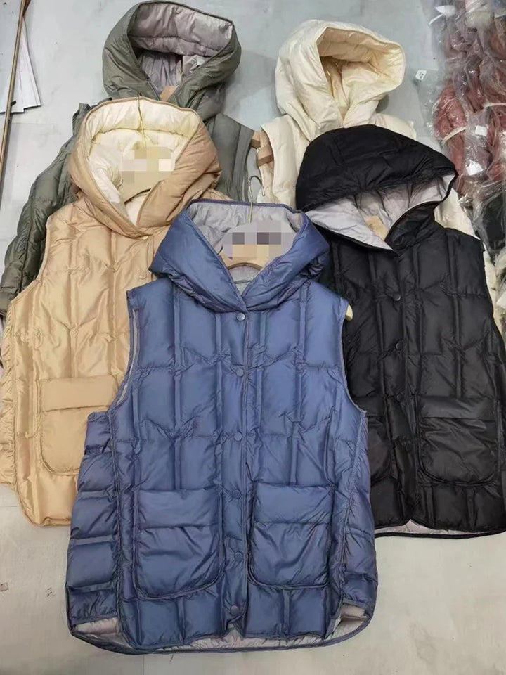 Lightweight Women Hooded Down Vest - Boxy, Down, Autumn