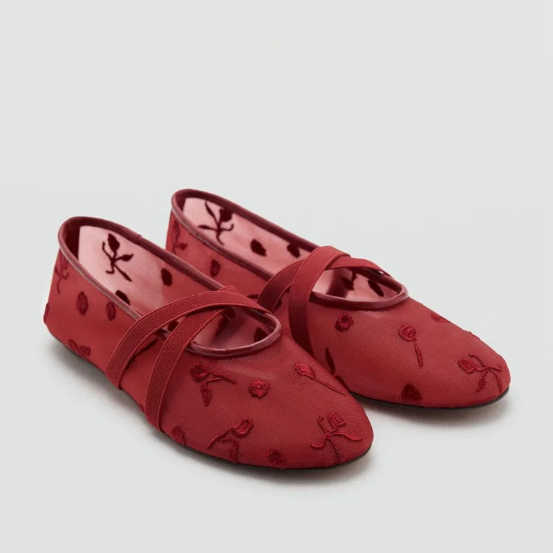 Lightweight Women Ballet Flats - Mary Jane, Embroidered Mesh