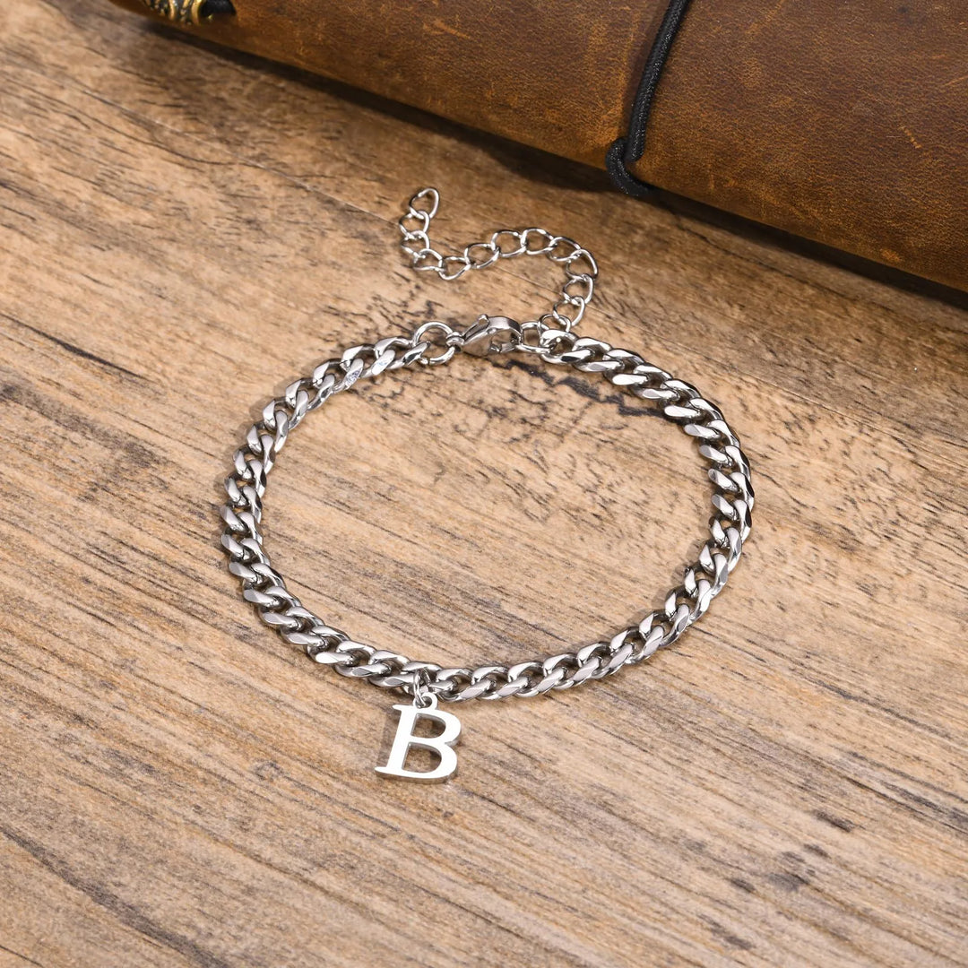 Initials Cuban Link Bracelet Stainless Steel Adjustable