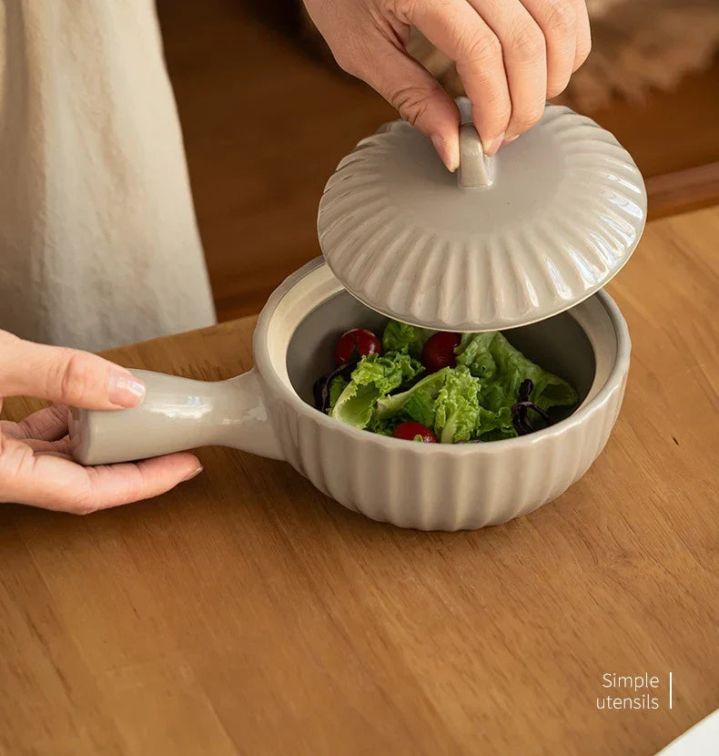 Ceramic Single Handle Bowl With Lid Japanese Style