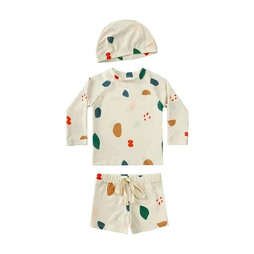 Quick-dry Unisex Baby Swimwear 2-Piece Set – Long-Sleeve Rash Guard Top, Shorts, Polyester, Summer Beachwear