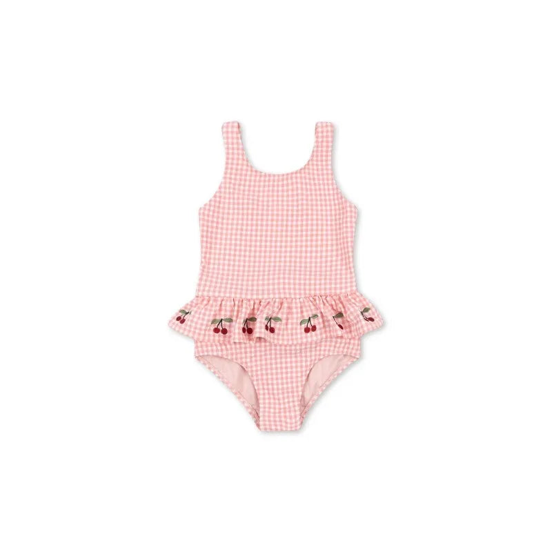 Quick-dry girls’ swimwear - checkered cherry print bikini set, nylon, for summer vacation