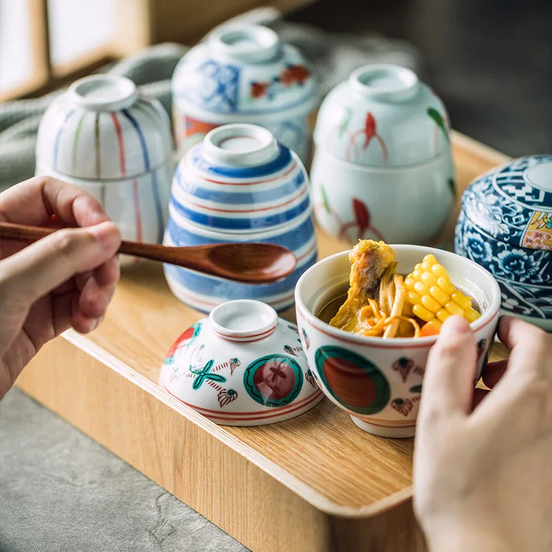 Hand Painted Japanese Ceramic Lidded Dessert Bowls Set