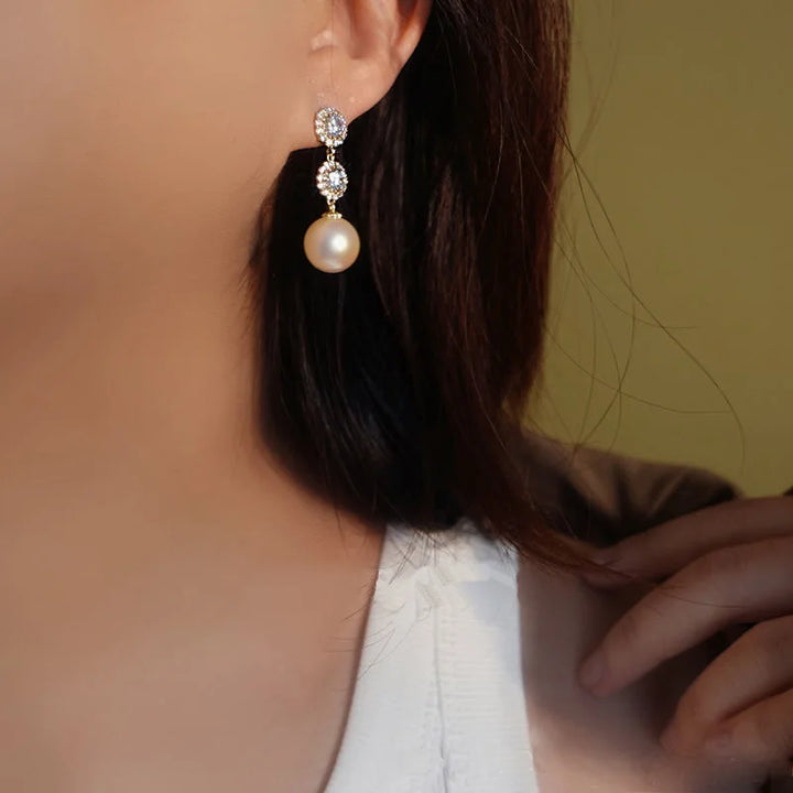Crystal Flower Earrings Pearl Drop Gold Tone – Korean Style Party Jewelry, Fall 2026 Gift Idea