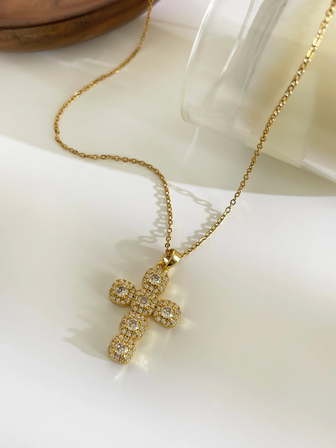 Cross Pendant Necklace Gold Tone - Cubic Zirconia Jewelry, Stainless Steel Chain, Fall 2026 Gift Idea