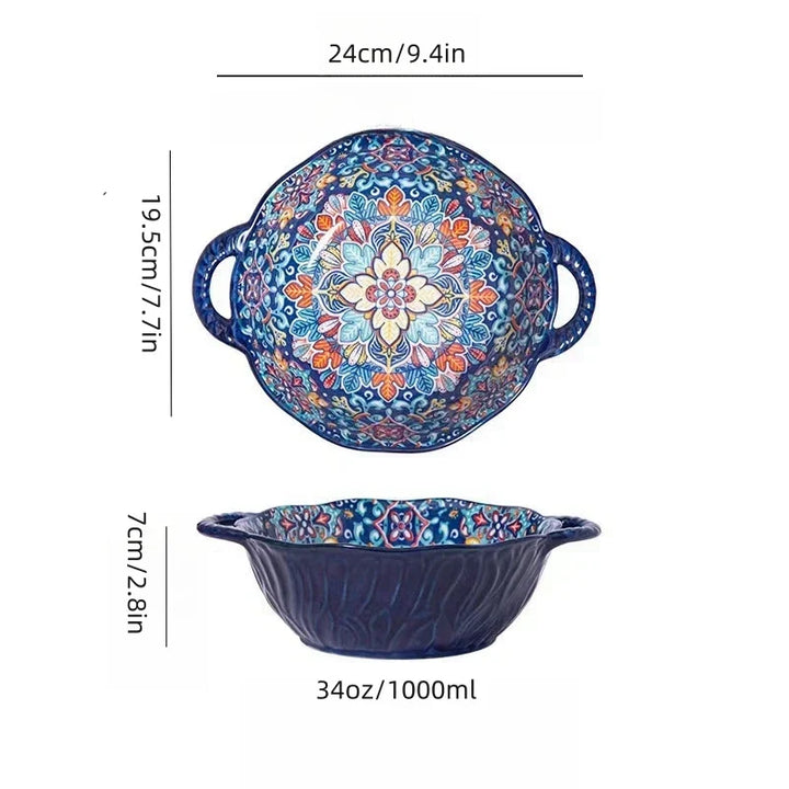 Ceramic Soup Bowl Bohemian Handle Embossed Microwave