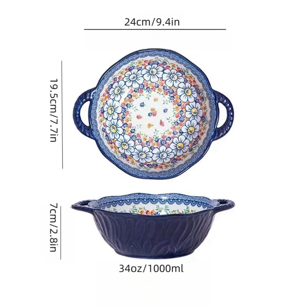 Ceramic Soup Bowl Bohemian Handle Embossed Microwave