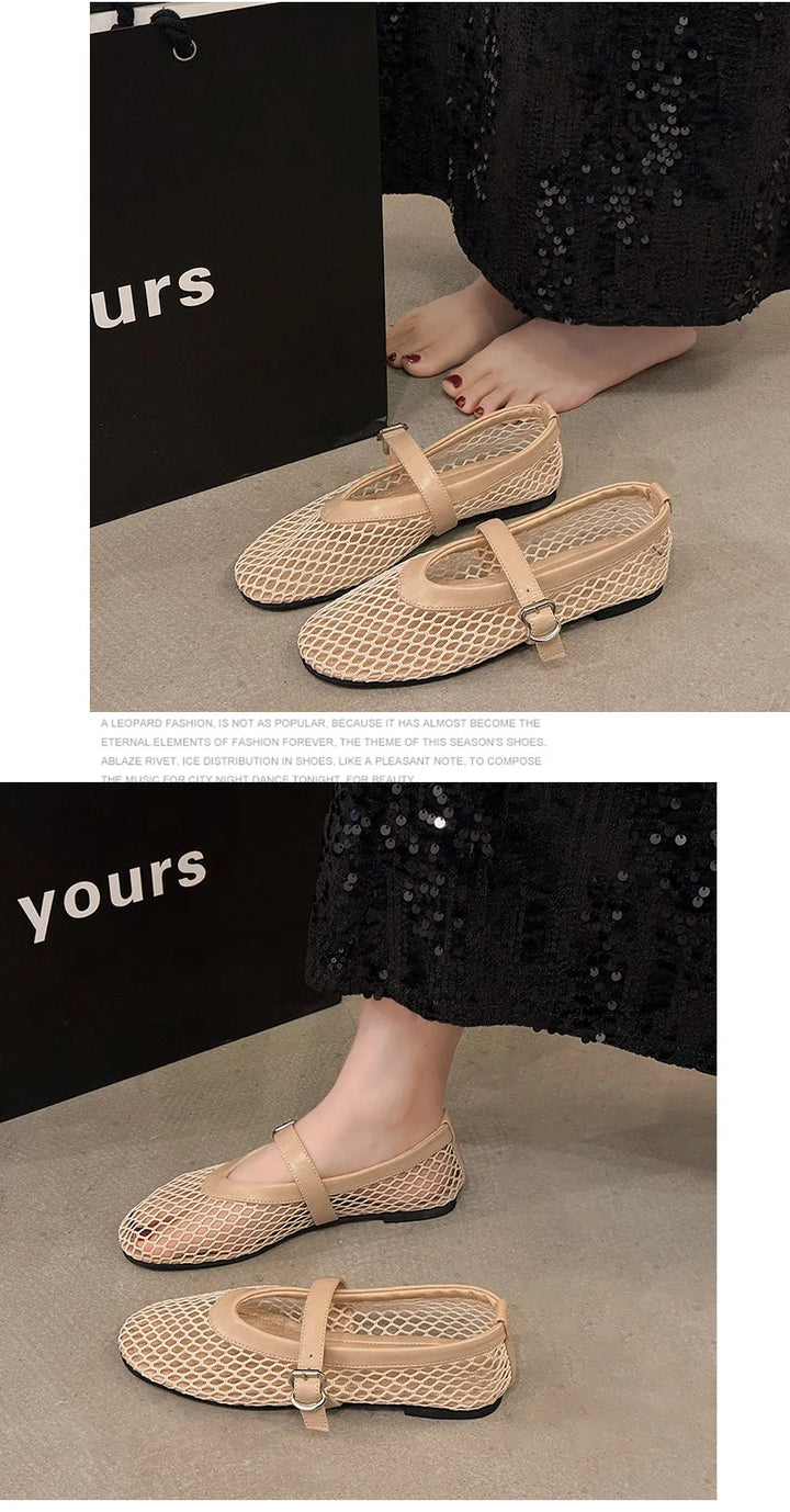Breathable Women Mesh Ballet Flats - Strappy Round Toe