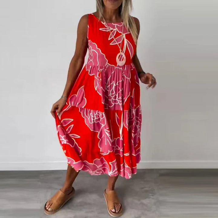 Floral Maxi Dress for Women, Sleeveless Long Dress in Breathable Fabric with Boatneck Neckline and Flattering Fit