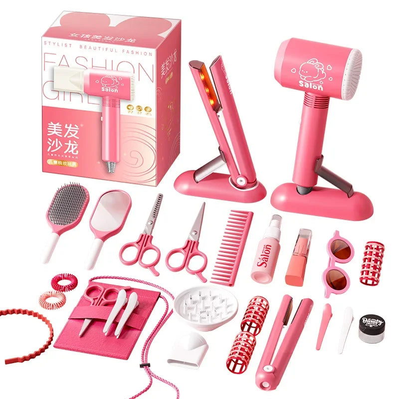 Kids Hair Salon Set Pink Pretend Play Styling Kit With Hair Dryer And Accessories Fall 2025 Gift