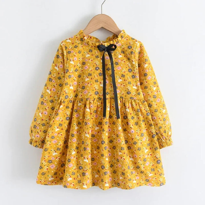 Soft Girls Dress – Long Sleeve Knee-Length, Floral Print, Cotton, Casual Autumn Wear
