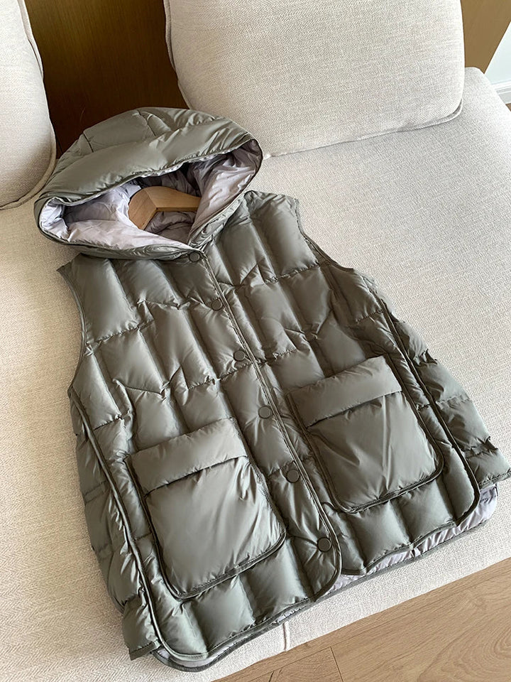 Lightweight Women Hooded Down Vest - Boxy, Down, Autumn
