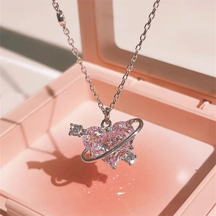 Zircon Pendant Necklace Pink Planet Heart Valentines Day Gift 2026 Aesthetic jewellery