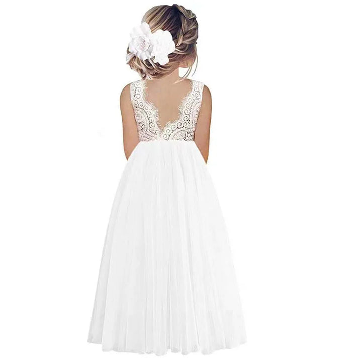 Lightweight Girls’ Flower Girl Dress - Lace Bodice, Flowing Tulle Skirt, Polyester, For Wedding