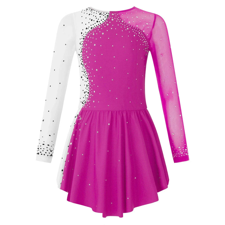 Stretchy girls figure skating dress – long sleeve rhinestone accents, jersey, dance performance costume