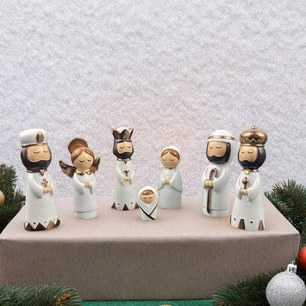 Nativity Set Resin 7 Piece White Gold Christmas Nativity Figurines For Tabletop Decor Holiday Gift Idea