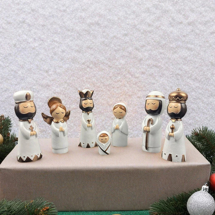 Nativity Set Resin 7 Piece White Gold Christmas Nativity Figurines For Tabletop Decor Holiday Gift Idea