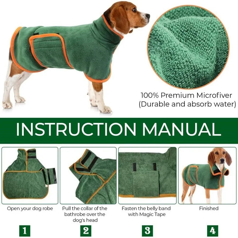 Microfiber Dog Bathrobe Towel - Adjustable Absorbent Coat for Cats &amp; Dogs, Pet Grooming Care