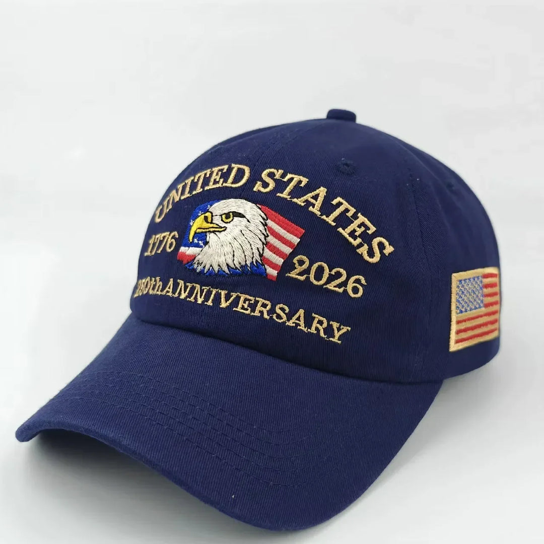 Breathable unisex baseball cap - Eagle-embroidered, flag-patch, six-panel curved-brim, cotton crown, 250th anniversary