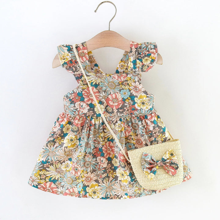 Soft Cozy Baby Girl Dress - Floral Flutter Sleeve, Polyester, For Summer Outings And Playtime
