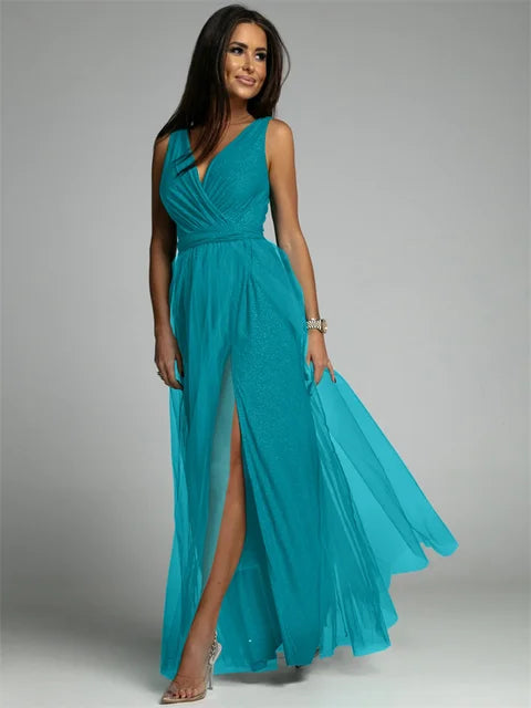 Elegant V-Neck Sleeveless Dress with Slit Hem, Plus Size Formal Wedding Guest Cocktail Dress