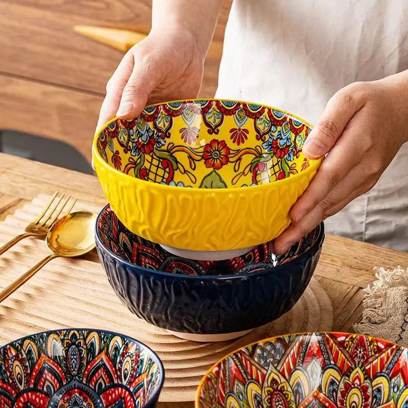 Bohemian Ceramic Bowls Set Floral Serving Bowls Versatile