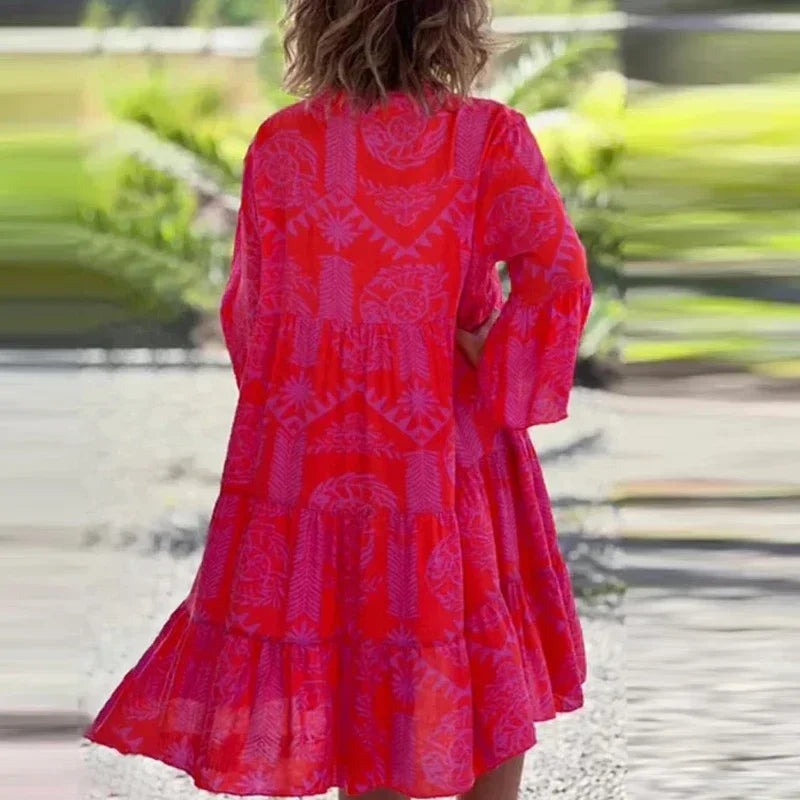 Sexy V-Neck Loose Lotus Leaf Dress for Women, 3/4 Sleeve Summer Office Casual Wear