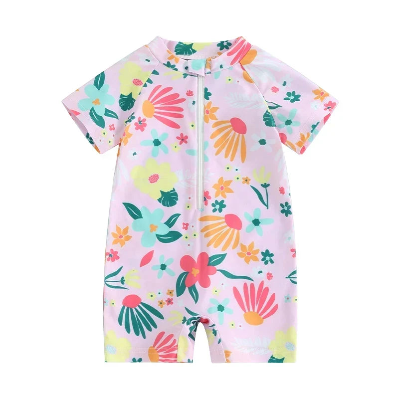 Soft girls’ rash guard romper – zip-front, short sleeve, floral print, polyester, for summer swimwear